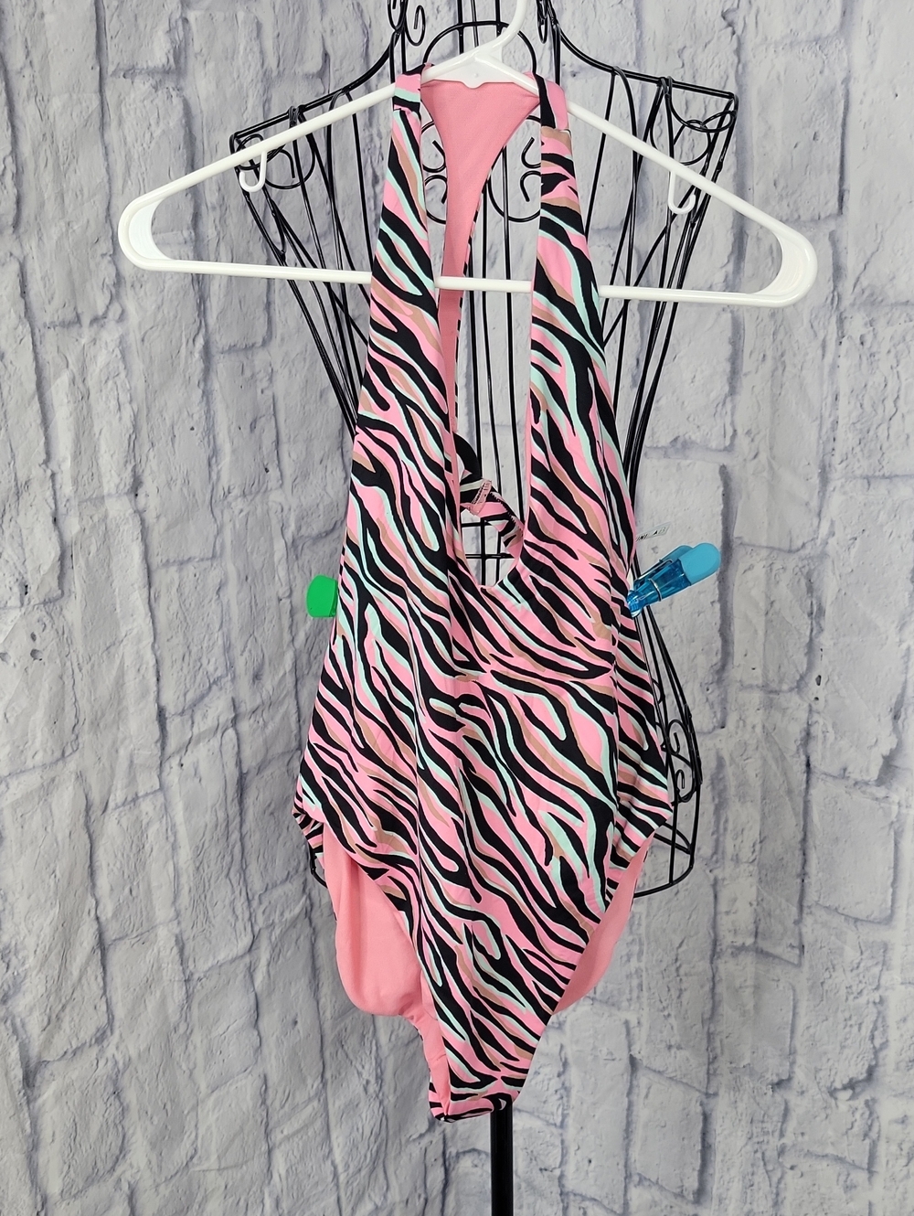 Bikini Lab Pink Zebra One-Piece Medium Halter Plunge Open Back Swimsuit NWOT
